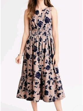 J. Jill Beige Midi Dress with Navy Floral Print